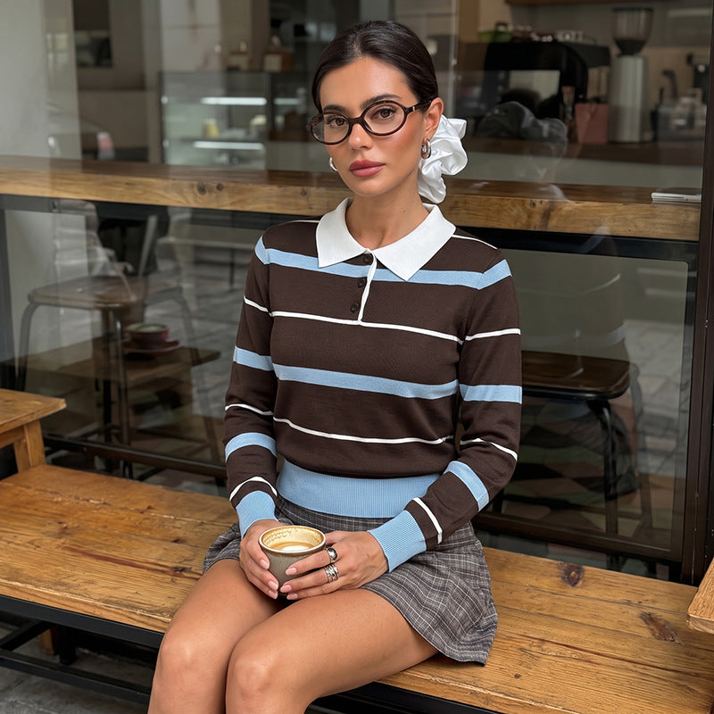 Damen Slim-Fit Polo-Strickpullover mit Retro-Streifen und kontrastierendem Hemdkragen Shop Nory