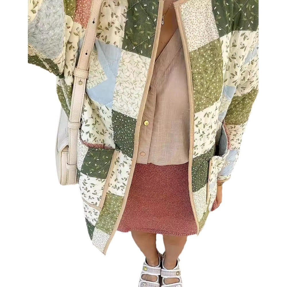 Damen Gefütterter Patchwork‑Steppmantel mit floralen Einsätzen und aufgesetzten Taschen Shop Nory