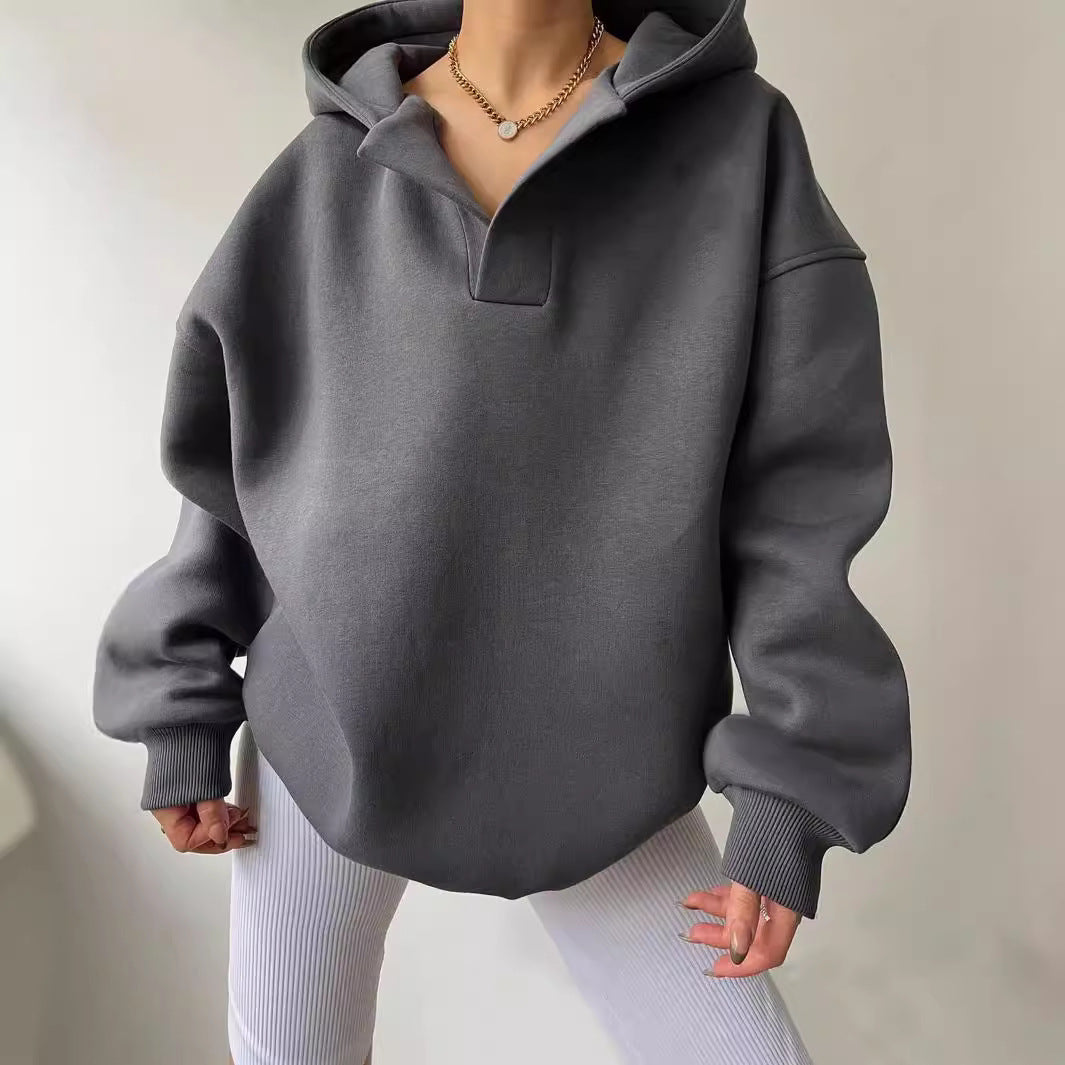 Damen Oversized Hoodie mit kurzem Kragen und praktischen Seitentaschen