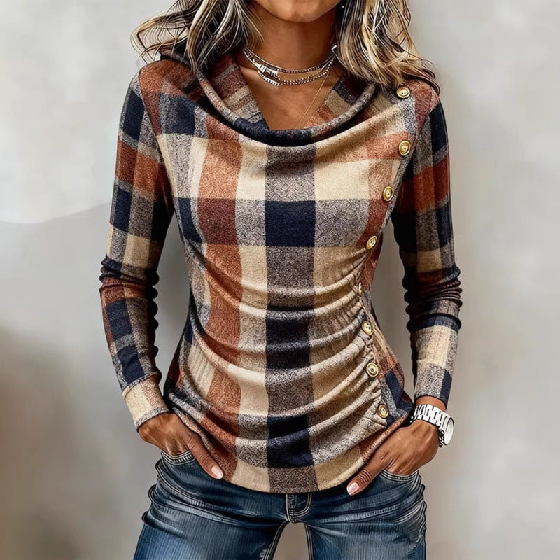 Damen Kariertes Langarm-Feinstrickshirt mit Wasserfallkragen und Zierknopfleiste Shop Nory