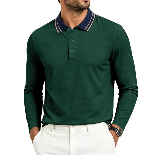 Herren Langarm-Polo aus strukturierter Piqué-Baumwollmischung mit Kontrastkragen Shop Nory