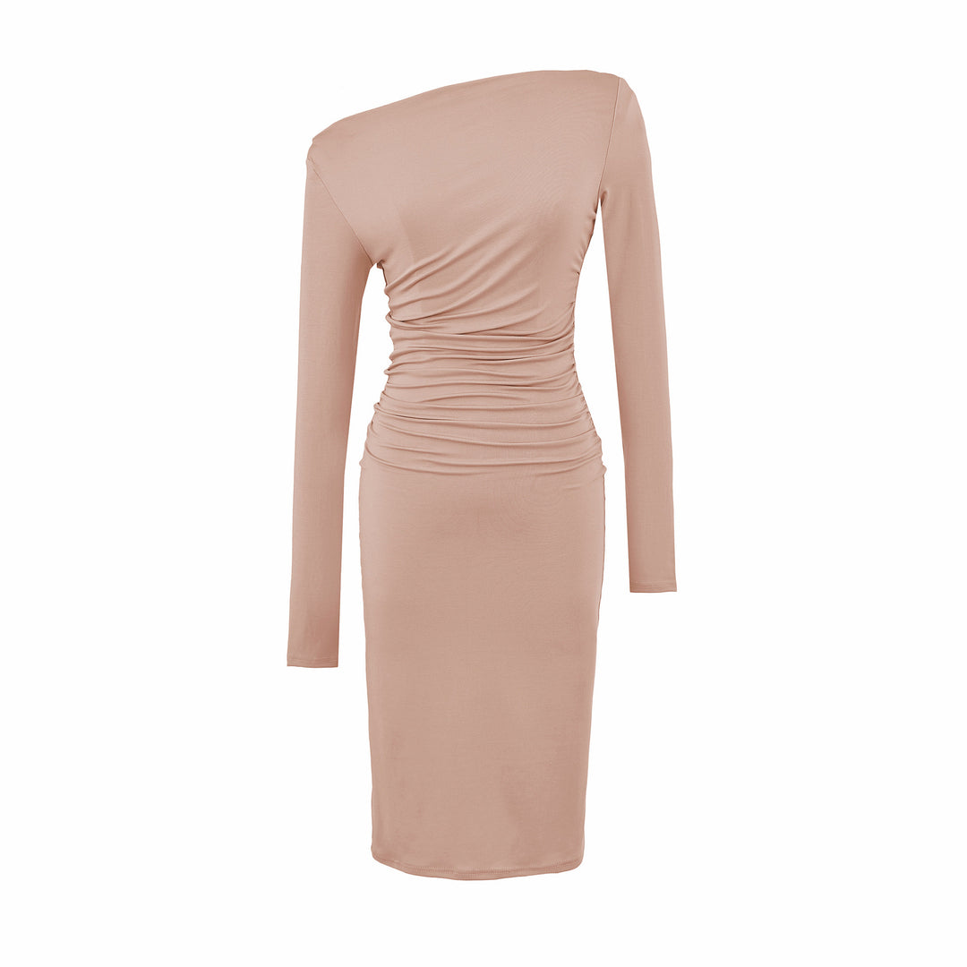 Damen Asymmetrisches Ein-Schulter-Midikleid mit Raffung und Langarm Shop Nory