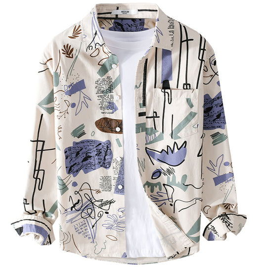 Herren Lockeres Hemdjacken-Overshirt mit abstraktem Skizzenprint, Brusttasche und weichem Baumwollgriff Shop Nory