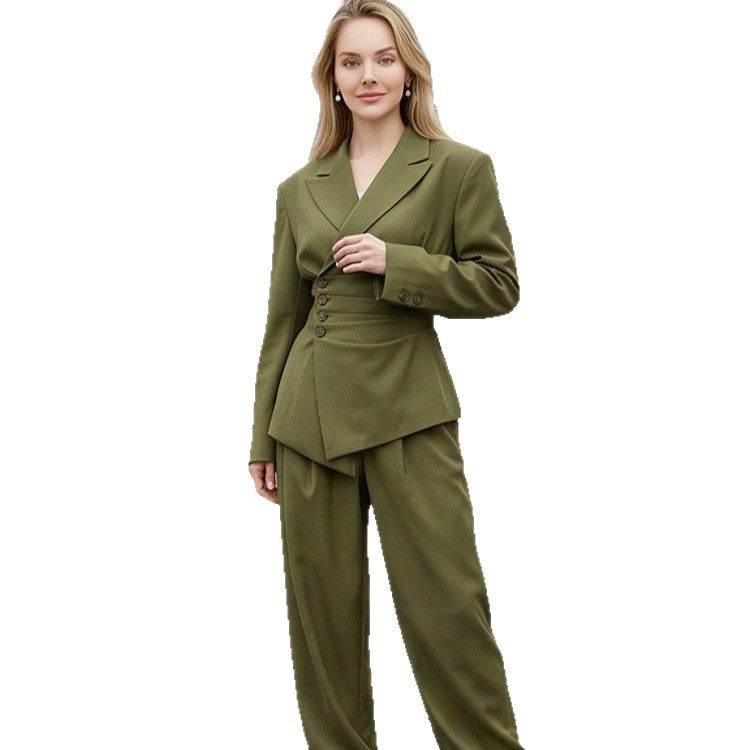 Damen Tailliertes Blazer-Set mit asymmetrischem Knopfverschluss und relaxter Bundfaltenhose Shop Nory