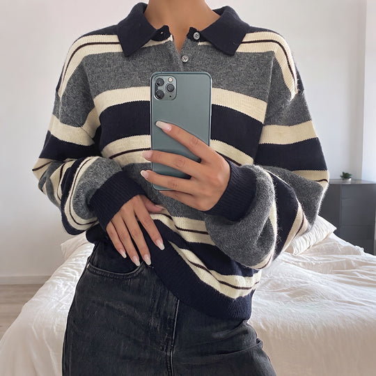Damen Oversize-Strickpullover mit Polokragen, Streifenmuster und Knopfblende Shop Nory