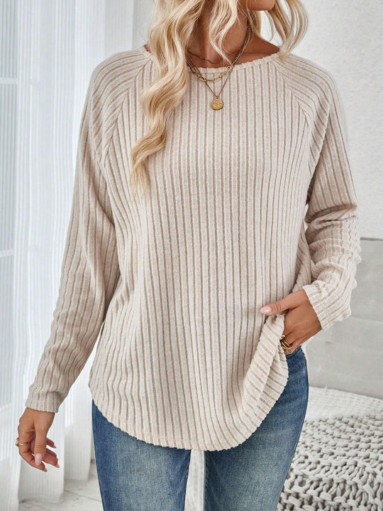 Damen Gerippter Longline-Pullover mit Raglanärmeln und abgerundetem Saum Shop Nory