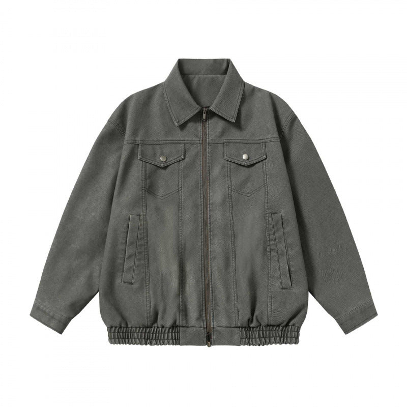 Unisex Boxy-Jeansjacke im Worker-Look mit durchgehendem Reißverschluss, Hemdkragen und elastischem Saum Shop Nory