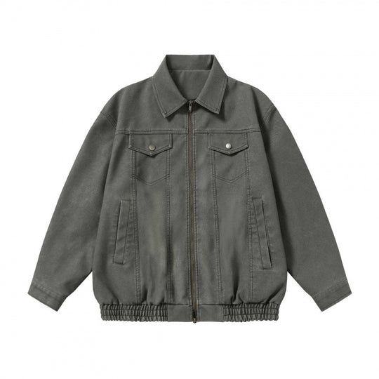 Unisex Boxy-Jeansjacke im Worker-Look mit durchgehendem Reißverschluss, Hemdkragen und elastischem Saum Shop Nory