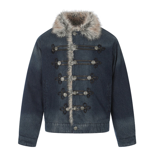 Damen Jeansjacke mit Kunstfellkragen und militärischen Zierknöpfen Shop Nory