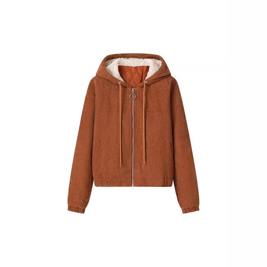 Damen Kurz geschnittene Cordjacke mit Kapuze, Teddyfutter und durchgehendem Reißverschluss Shop Nory