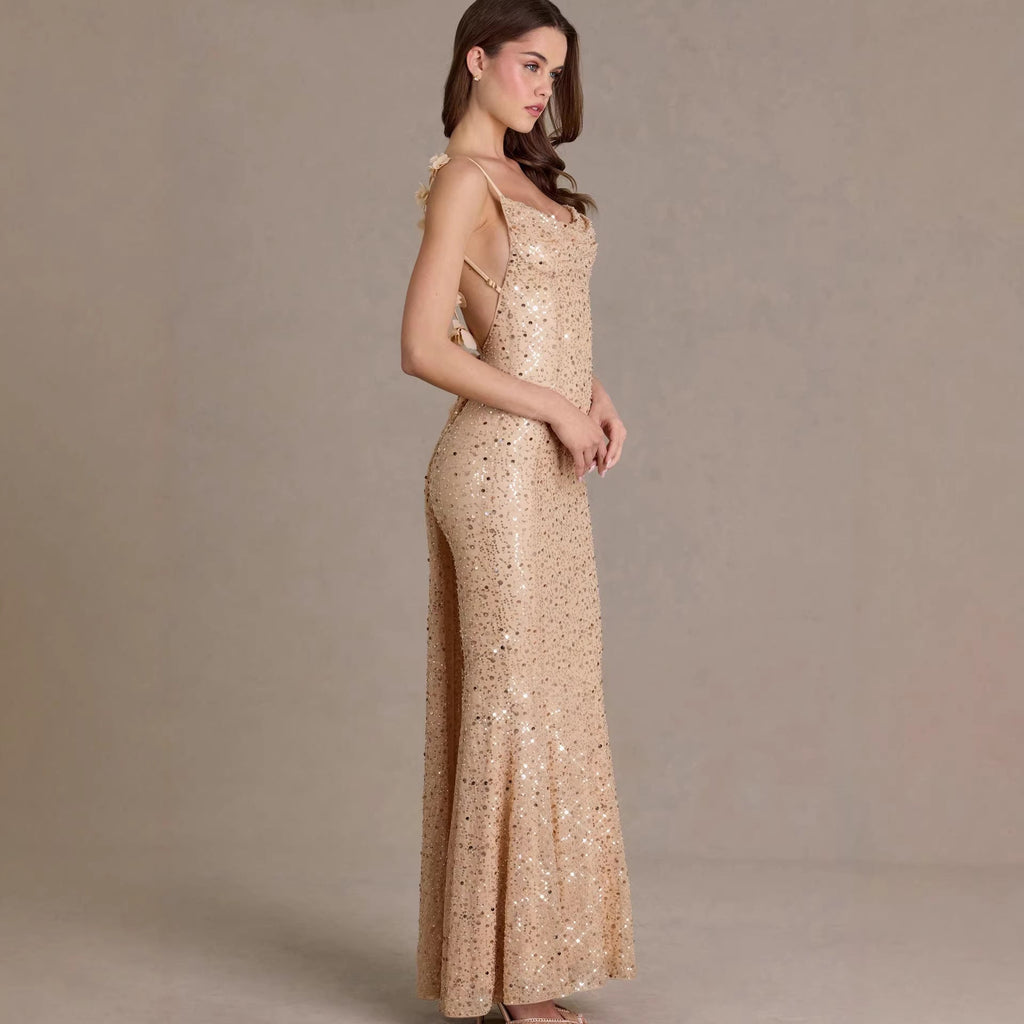 Damen elegantes Pailletten-Maxi-Kleid mit schickem Wasserfallausschnitt und figurbetonter Silhouette Shopnory