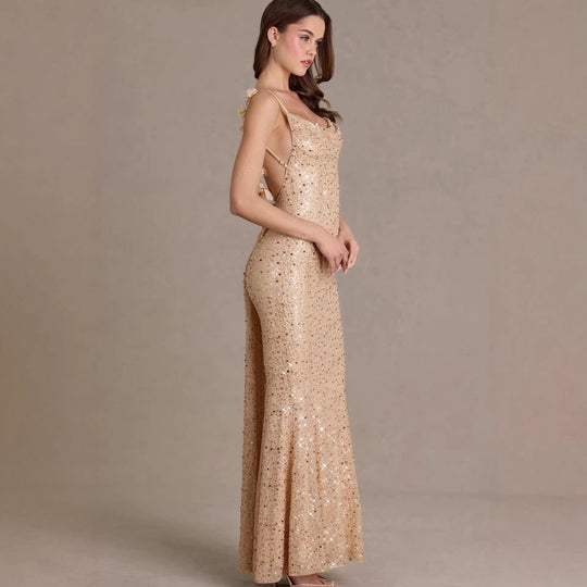 Damen elegantes Pailletten-Maxi-Kleid mit schickem Wasserfallausschnitt und figurbetonter Silhouette Shopnory