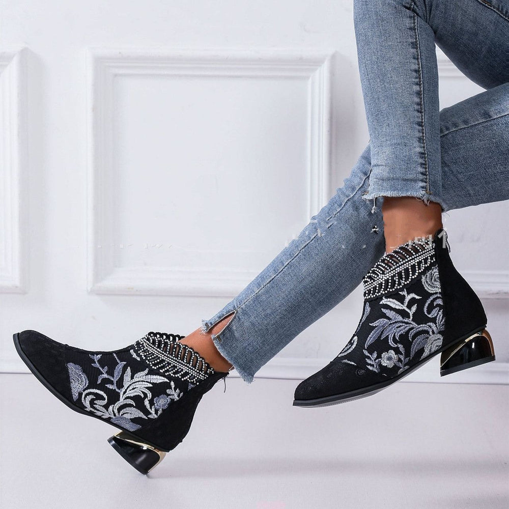 Damen Stiefeletten mit floralem Muster und glanzvollem Blockabsatz