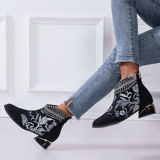 Damen Stiefeletten mit floralem Muster und glanzvollem Blockabsatz