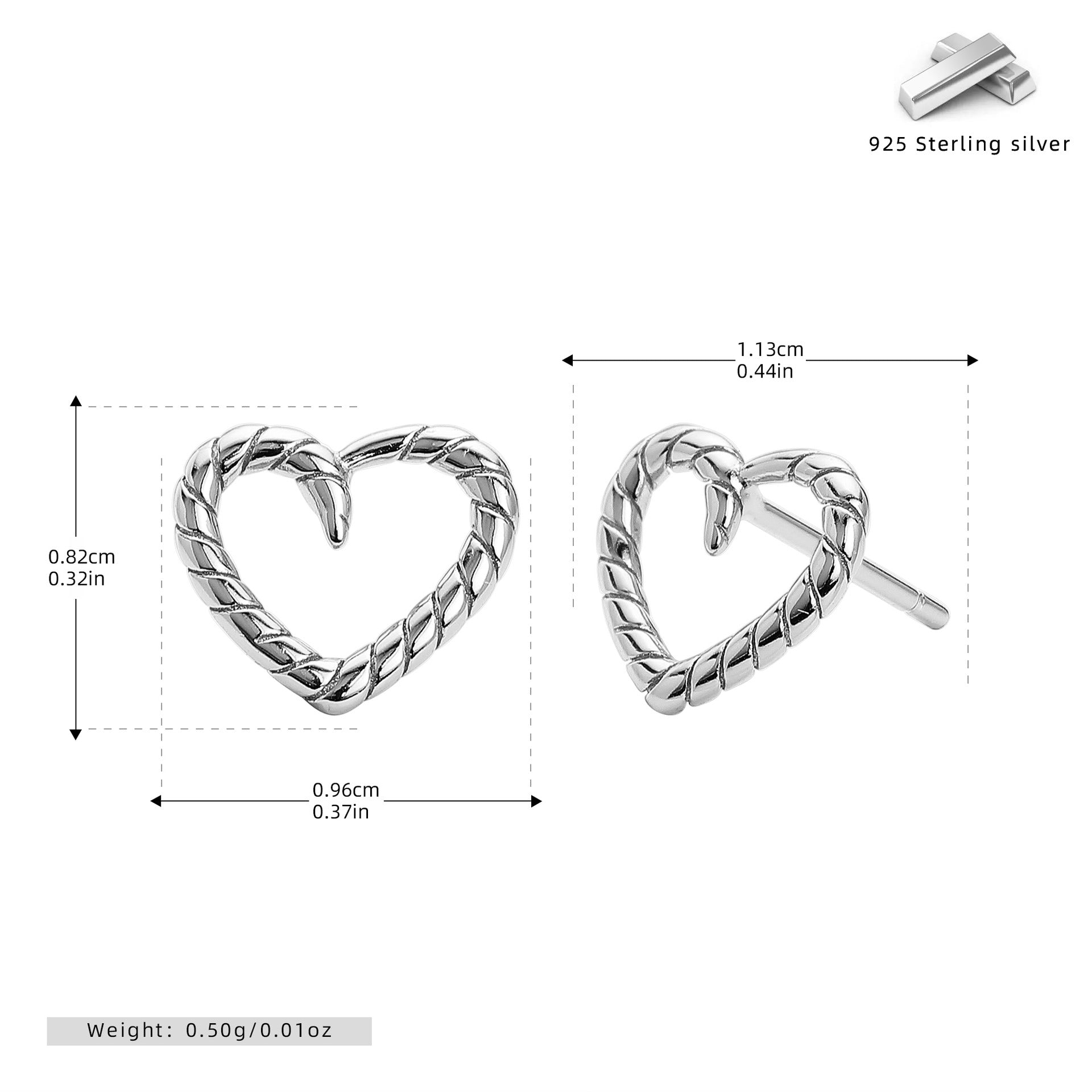 Damen Ohrstecker in herzförmigem Design mit gedrehtem Muster aus 925 Sterling Silber Shop Nory