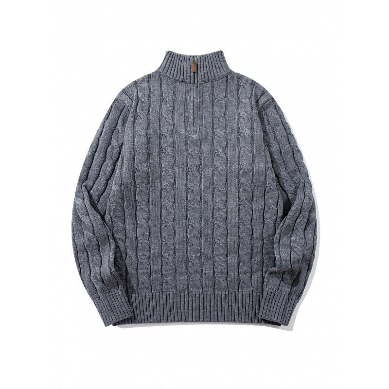 Unisex Grobgestrickter Halbreißverschluss-Zopfmuster-Pullover mit Stehkragen und gerippten Abschlüssen Shop Nory