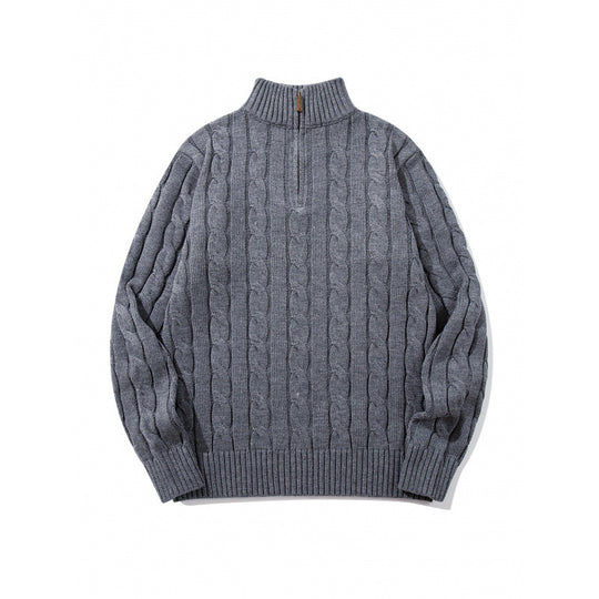 Unisex Grobgestrickter Halbreißverschluss-Zopfmuster-Pullover mit Stehkragen und gerippten Abschlüssen Shop Nory