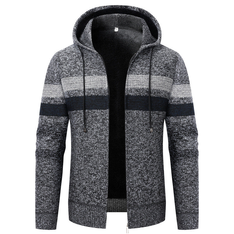 Herren Strick-Ziphoodie mit Teddyfutter, durchgehendem Reißverschluss und Blockstreifen Shop Nory