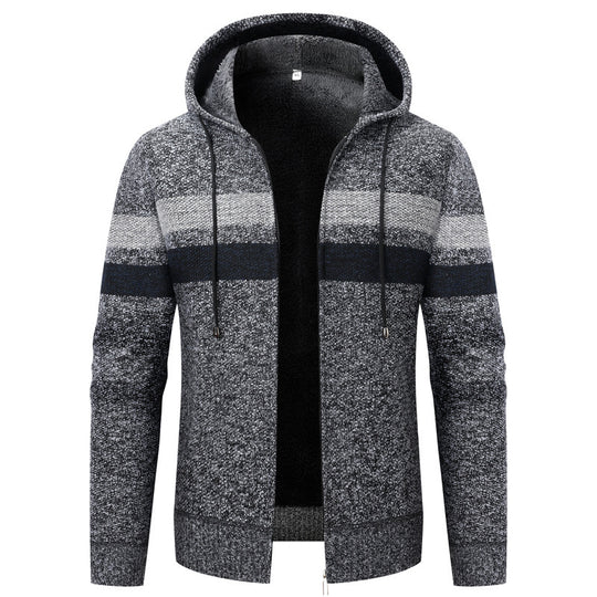 Herren Strick-Ziphoodie mit Teddyfutter, durchgehendem Reißverschluss und Blockstreifen Shop Nory