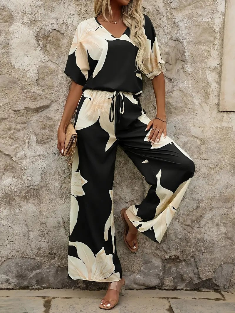 Damen Luftiges Zweiteiliges Set mit floralem Design und weitem Schnitt