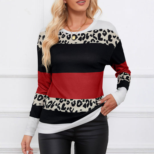 Damen Gestreiftes Langarm-Strickshirt mit Leoprint-Einsätzen und Rundhalsausschnitt Shop Nory