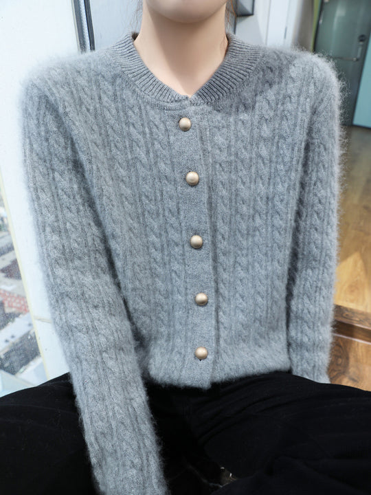 Damen Leichter Zopfstrick-Cardigan in Mohair‑Optik mit dekorativen Perlmuttknöpfen Shop Nory