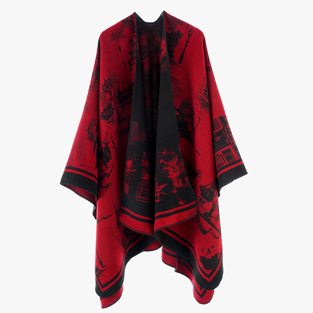 Damen Zweifarbiger Wolloptik-Überwurf mit Jacquard‑Stadtmotiv und offener Wasserfallfront Shop Nory