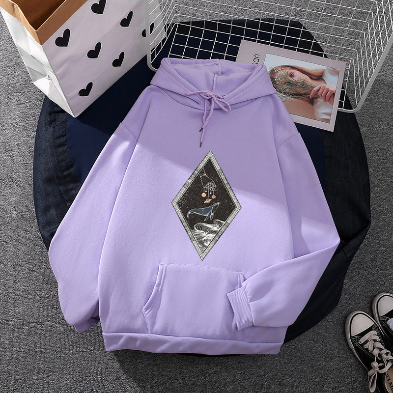 Damen nan Oversize Kapuzenpullover mit aufgenähter Wal-Patchapplikation, Kängurutasche und fleecegefüttertem Innenfutter Shop Nory
