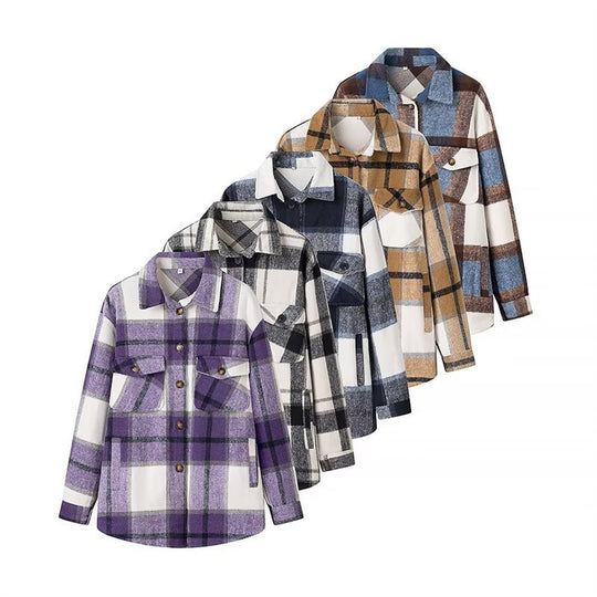 Damen Karo-Übergangs‑Shacket aus weichem Flanell mit aufgesetzten Brusttaschen Shop Nory