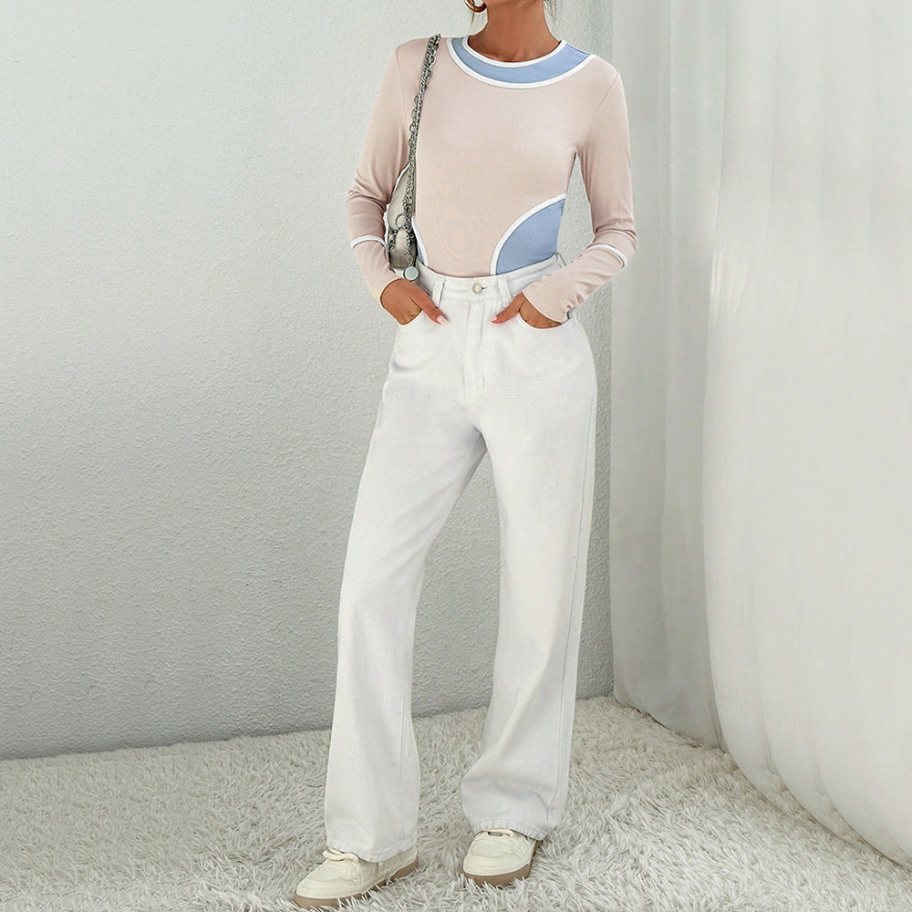Damen figurbetontes Colorblock-Longsleeve mit Rundhalsausschnitt geschwungener Seitenpaneel‑Optik und feiner Rippstruktur Shop Nory