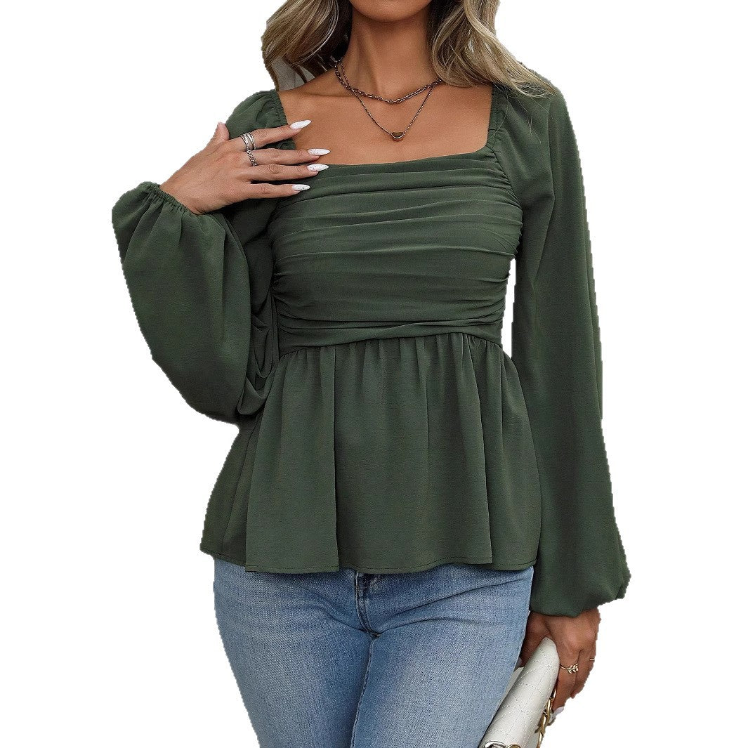 Damen geraffte Schößchenbluse mit quadratischem Ausschnitt und Ballonärmeln Shop Nory