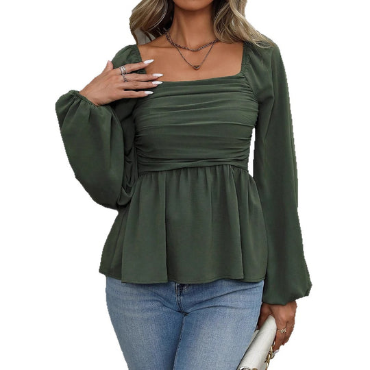 Damen geraffte Schößchenbluse mit quadratischem Ausschnitt und Ballonärmeln Shop Nory