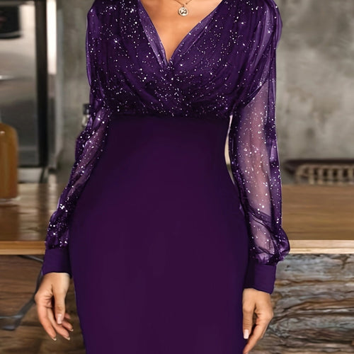 Damen Glitzerndes Cocktailkleid mit transparenten Ärmeln