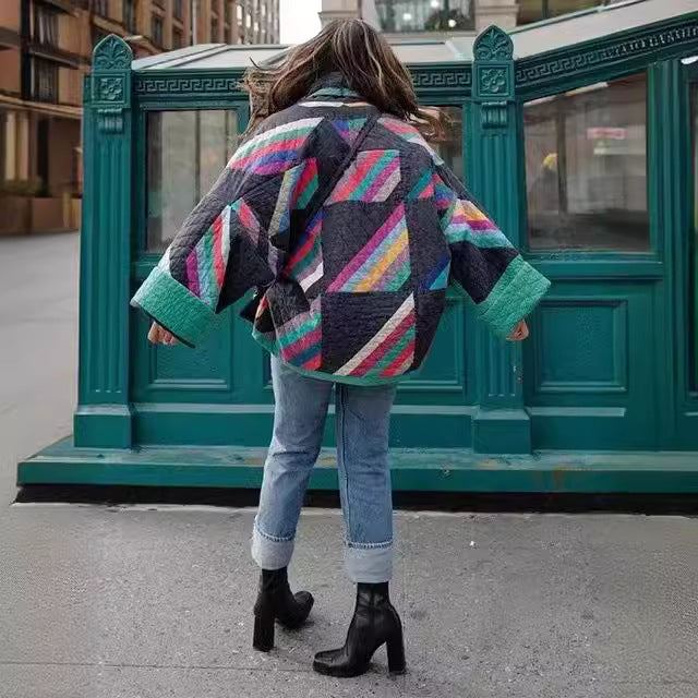 Damen wattierte Kimono-Steppjacke mit Patchwork-Design und weiten Ärmeln Shop Nory