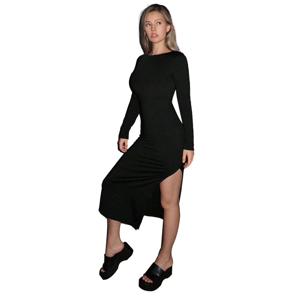 Damen langes figurbetontes Midikleid mit Boatneck, langen Ärmeln und seitlichem Beinschlitz Shop Nory