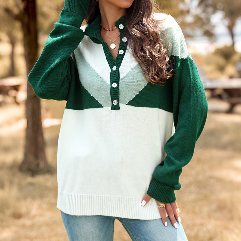 Damen Grobstrick-Henley-Pullover mit Stehkragen und Chevron-Intarsie Shop Nory
