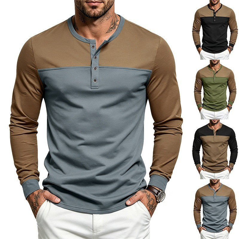 Herren Slim-Fit Langarm-Henleyshirt mit Kontrastpasse und Knopfleiste Shop Nory