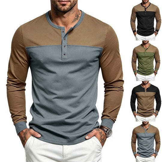 Herren Slim-Fit Langarm-Henleyshirt mit Kontrastpasse und Knopfleiste Shop Nory