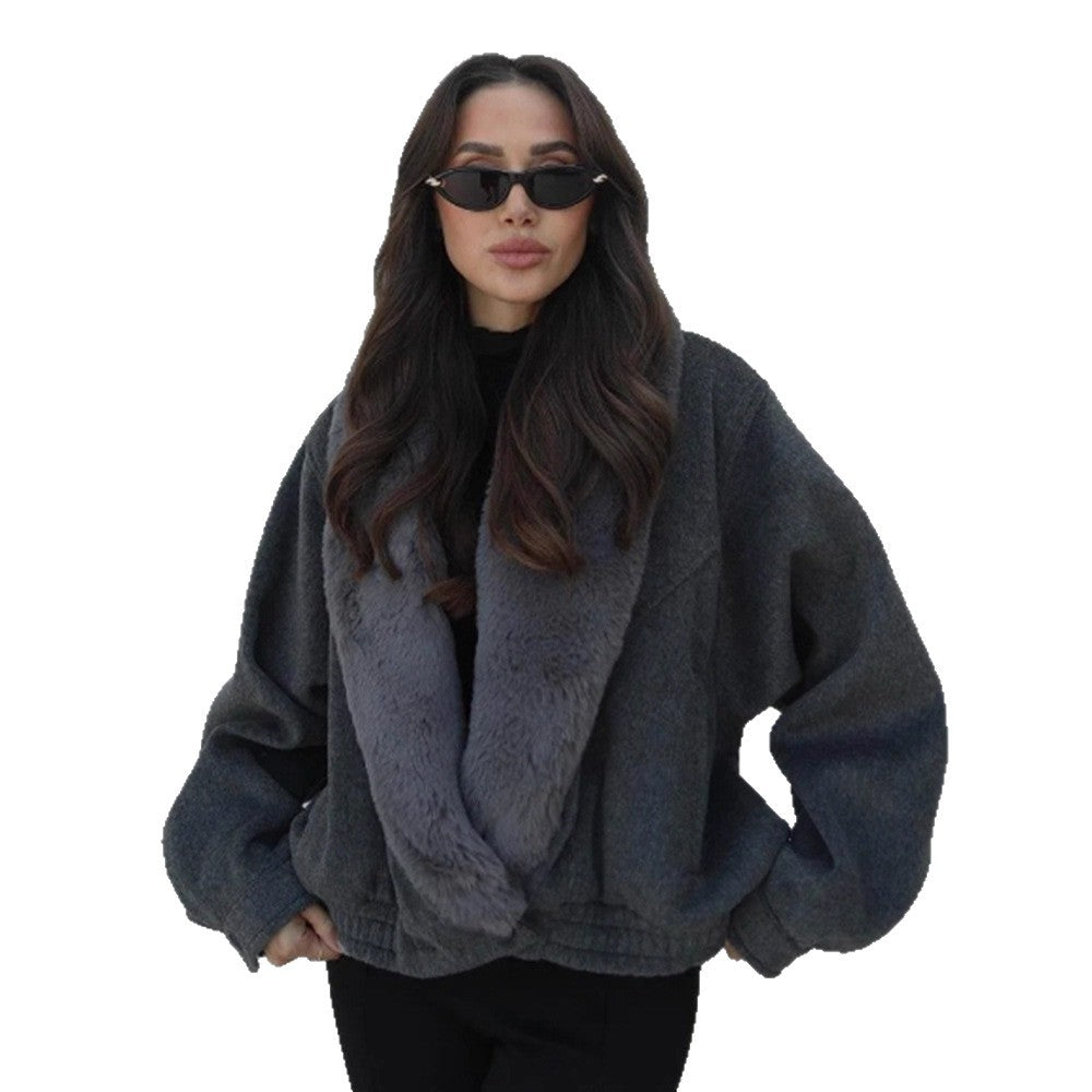 Damen Kurzjacke mit voluminösem Kunstfell-Schalkragen und elastischem Saum Shop Nory