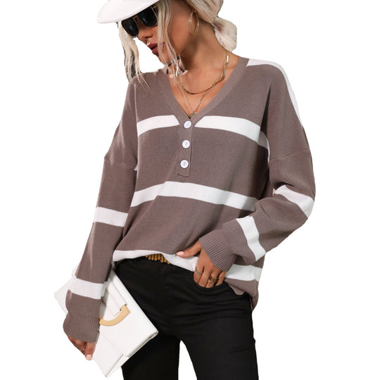 Damen Lockerer V-Ausschnitt Feinstrickpullover mit Knopfleiste und überschnittener Schulter Shop Nory