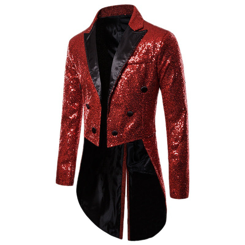 Herren geglitterter Frack mit spitzem Satinrevers, Doppelreiher und verlängertem Schwalbenschwanz Shop Nory