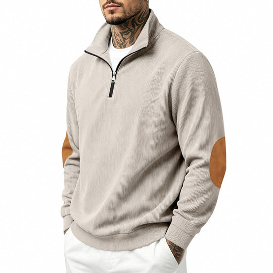 Herren Leichter Struktur-Halbzip-Pullover mit Cord‑Ellbogenpatches und Stehkragen Shop Nory