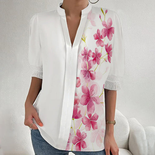 Damen Blumenprint Tunika-Bluse mit Stehkragen, geschlitzter V‑Blende und gerafften 3/4-Ärmeln Shop Nory