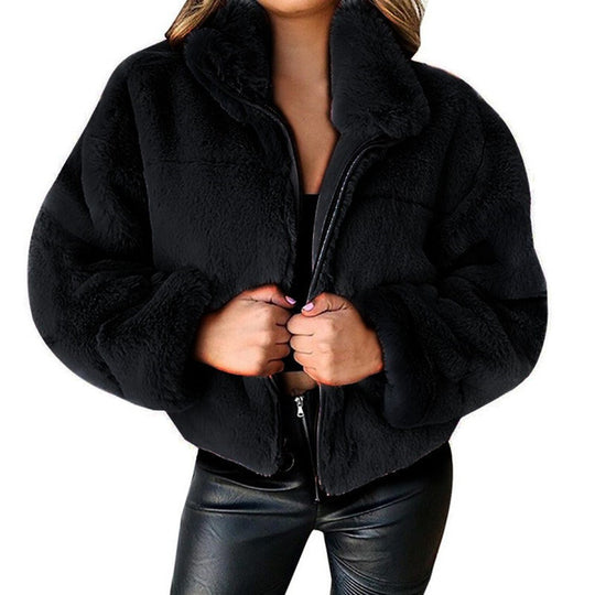 Damen nan kurze kuschelige Kunstpelzjacke mit Stehkragen und Reißverschluss Shop Nory