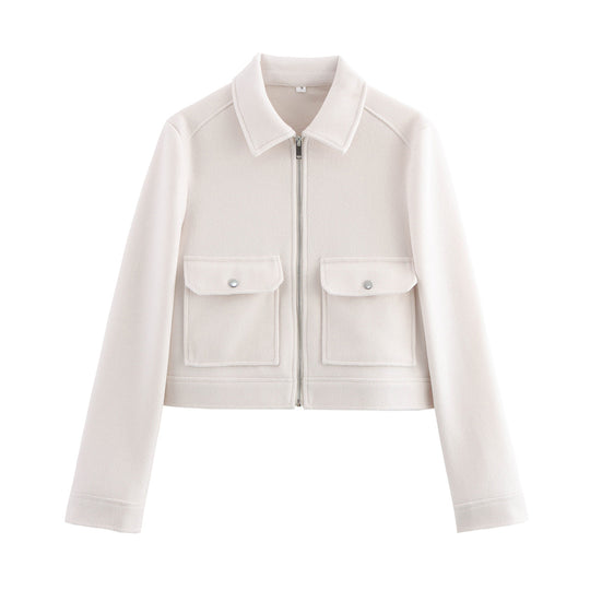 Damen kurze Boxy-Wolljacke mit durchgehendem Reißverschluss und aufgesetzten Pattentaschen Shop Nory