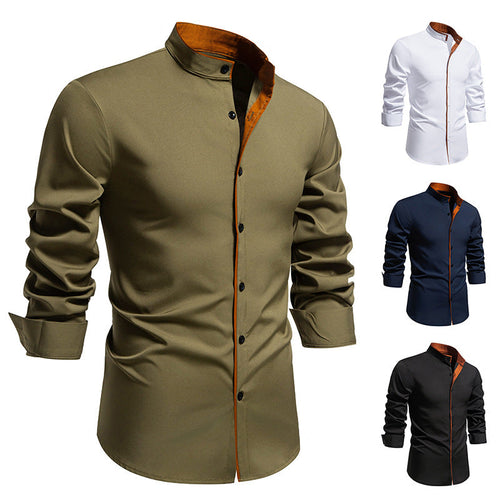 Herren Langarmhemd mit modernem Stehkragen und gesticktem Detail