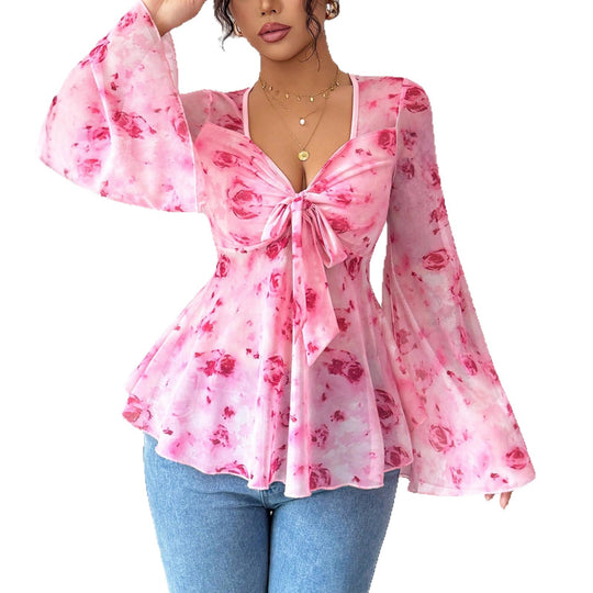 Damen Chiffonbluse mit Bindeknoten, V‑Ausschnitt und ausgestellten Glockenärmeln Shop Nory