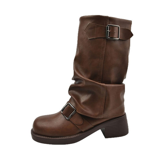 Damen Mid‑Calf Slouch-Bikerstiefel mit doppelter Schnalle und niedrigem Blockabsatz Shop Nory