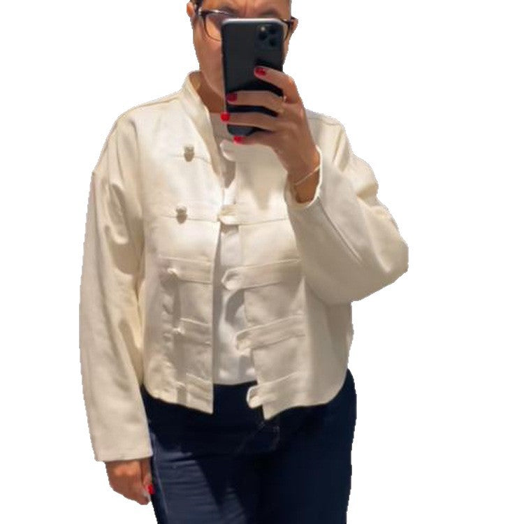 Damen Cropped-Boxy-Jacke mit chinesischem Stehkragen und Zierknopfleiste Shop Nory