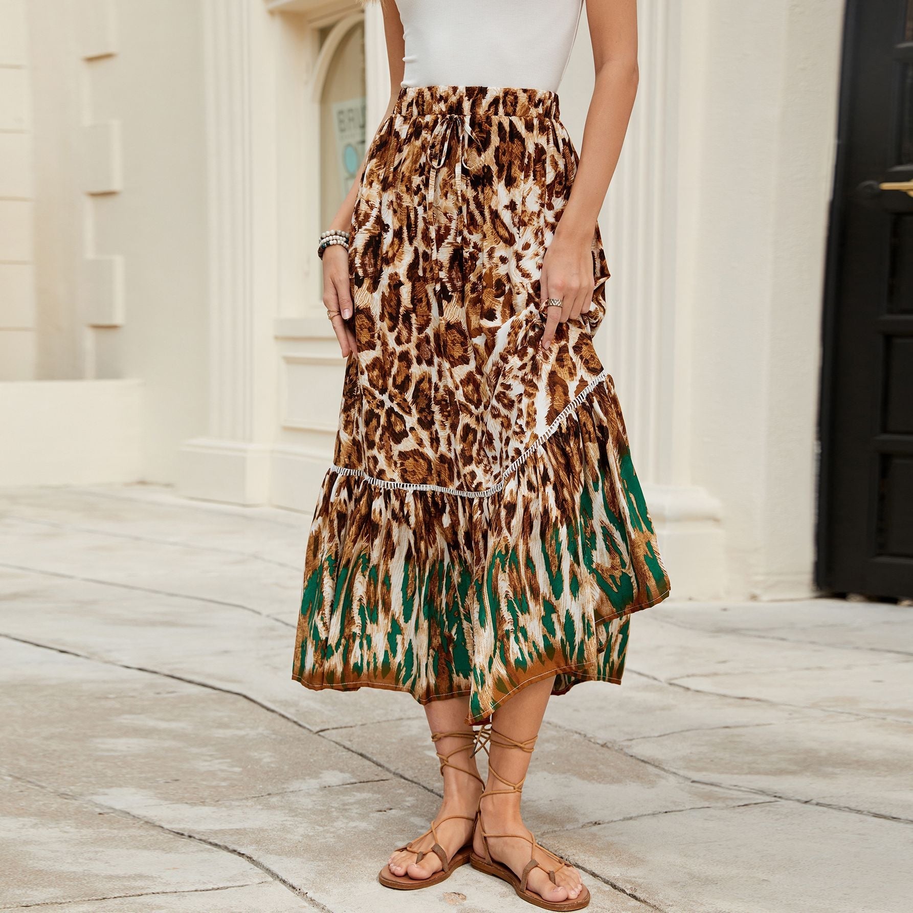 Damen Maxi-Rock mit animalischem Print und raffinierter Volant